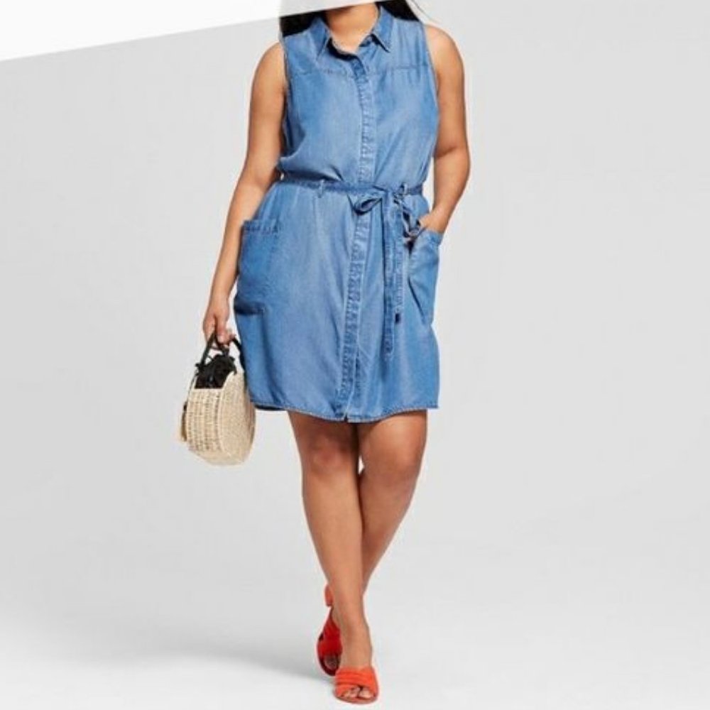 A New Day Chambray Medium Button Front Denim Shirt Dress With Pockets